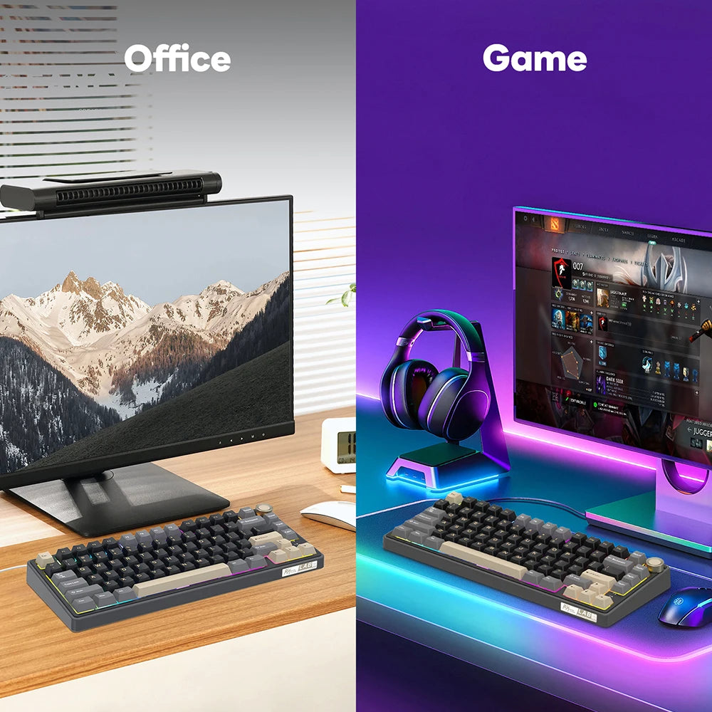 Teclado mecánico RK Royal Kludge R75 (distribución en español) con montaje tipo gasket, formato 80%, retroiluminación RGB, teclas PBT, interruptores intercambiables en caliente (hot-swappable) y rueda de control metálica.