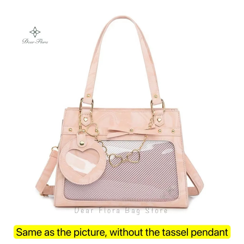 Bolso de hombro vintage estilo Y2K para mujer, tipo Ita Bag con bolsillo transparente, con lazo.