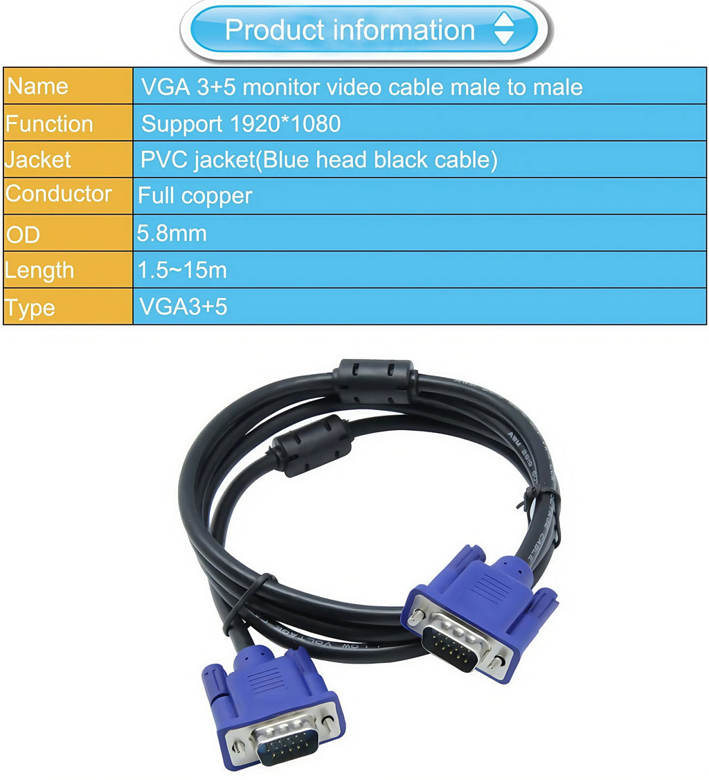 Cable VGA a VGA de 15 pines (macho a macho): adaptador, conector y extensión para monitor de computadora, proyector, PC y TV.