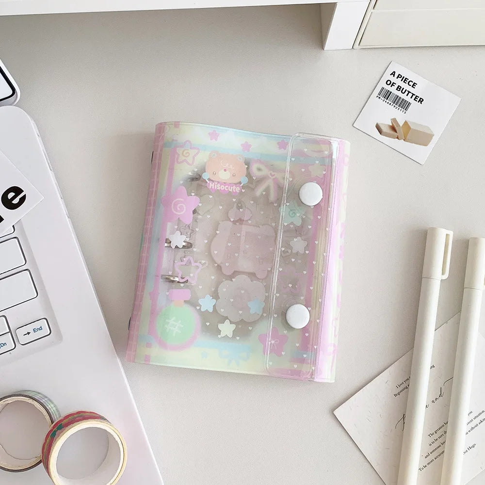 Cuaderno de hojas sueltas M5 con diseño de osito estilo dibujos animados; cuaderno transparente estilo kawaii para estudiantes, artículos de papelería, diario para chicas y libreta de tareas.