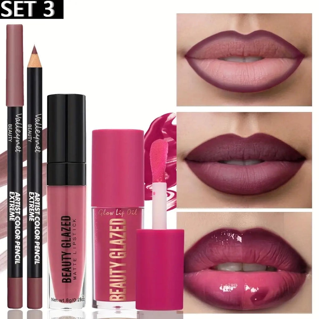 Set de maquillaje de 3 piezas: delineador de labios mate + brillo labial + aceite labial hidratante, de larga duración y fácil aplicación, resistente al agua y al sudor.