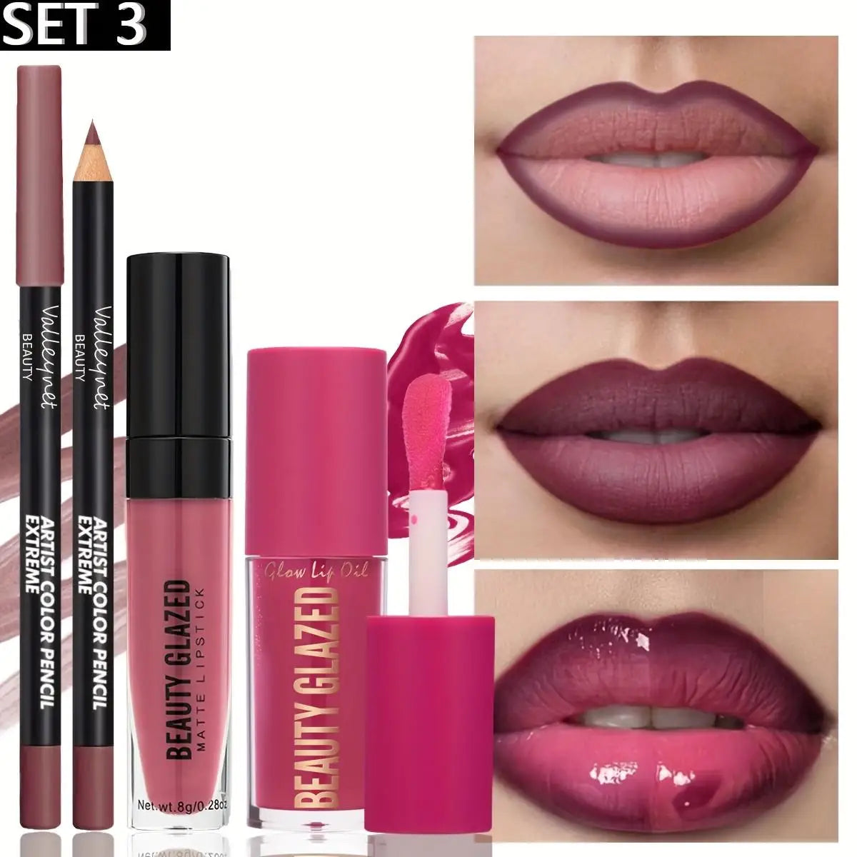 Set de maquillaje de 3 piezas: delineador de labios mate + brillo labial + aceite labial hidratante, de larga duración y fácil aplicación, resistente al agua y al sudor.