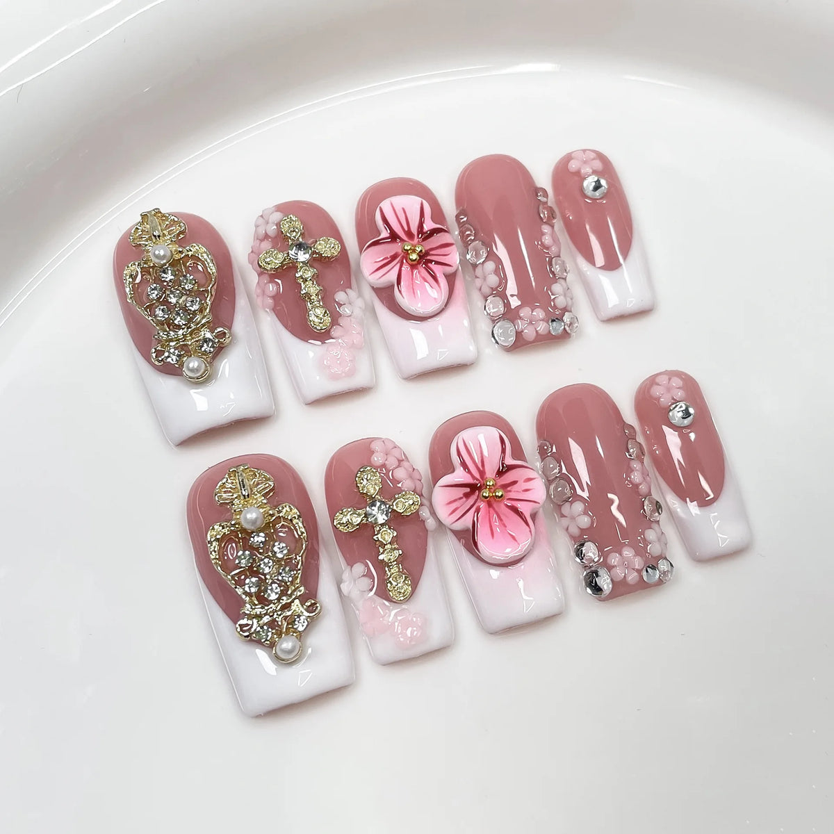 10 piezas de uñas postizas francesas hechas a mano con flores verdes 3D, uñas postizas adhesivas para usar, uñas postizas
