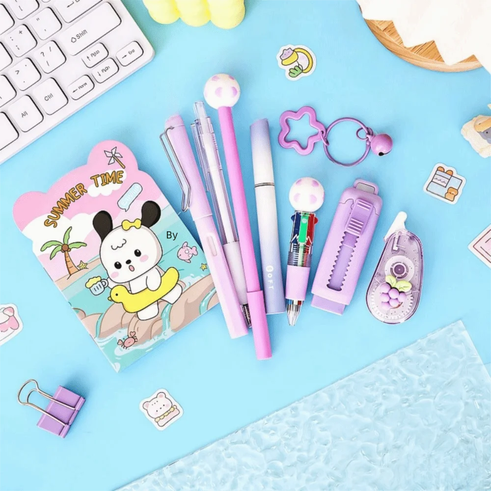 Kit de regalo de papelería escolar con temática de dibujos animados: incluye bolígrafos de 6 colores, notas adhesivas, goma de borrar y estuche de gran capacidad.