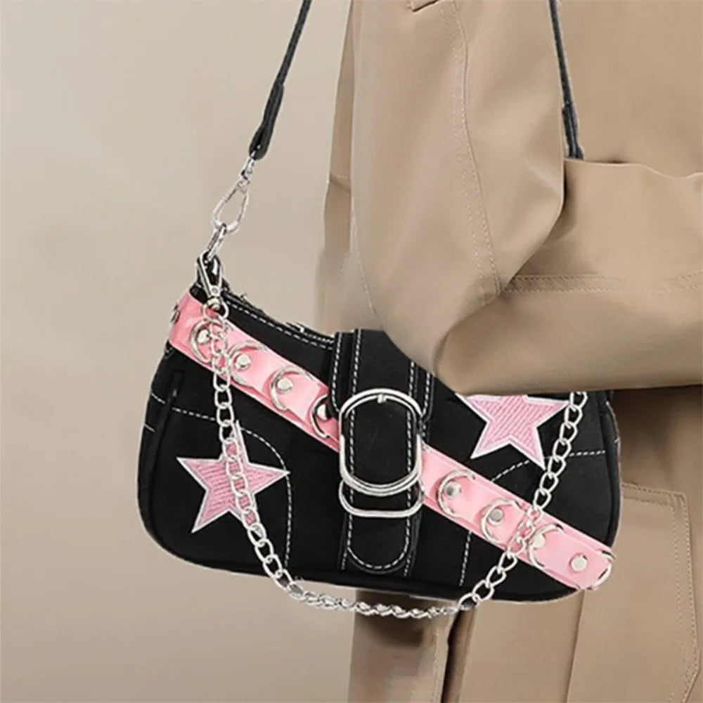 Bolso de hombro estilo Y2K : diseño de mezclilla con estampado de estrellas, estilo juvenil y moderno, de lona y tamaño pequeño, con cadena.