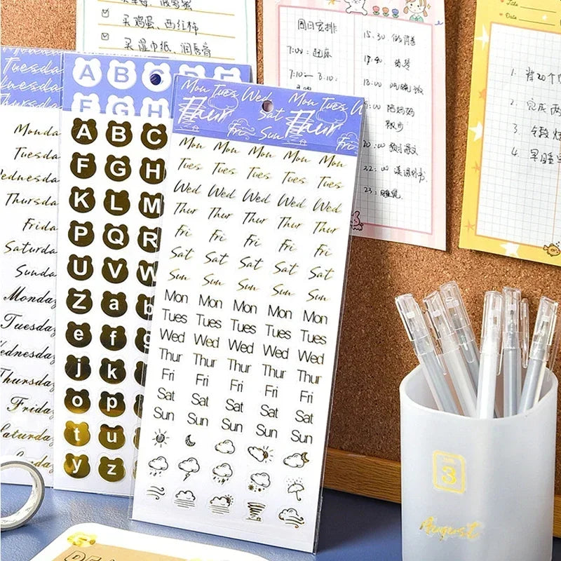 1 paquete de pegatinas decorativas con los días de la semana; adhesivos estilo Kawaii con acabado metalizado para manualidades, diarios y álbumes (ideal para niños).