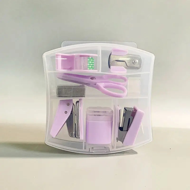 Set de 8 mini artículos de oficina con estuche portátil: incluye tijeras, cinta adhesiva, caja, estuche para lápices, perforadora y grapas.
