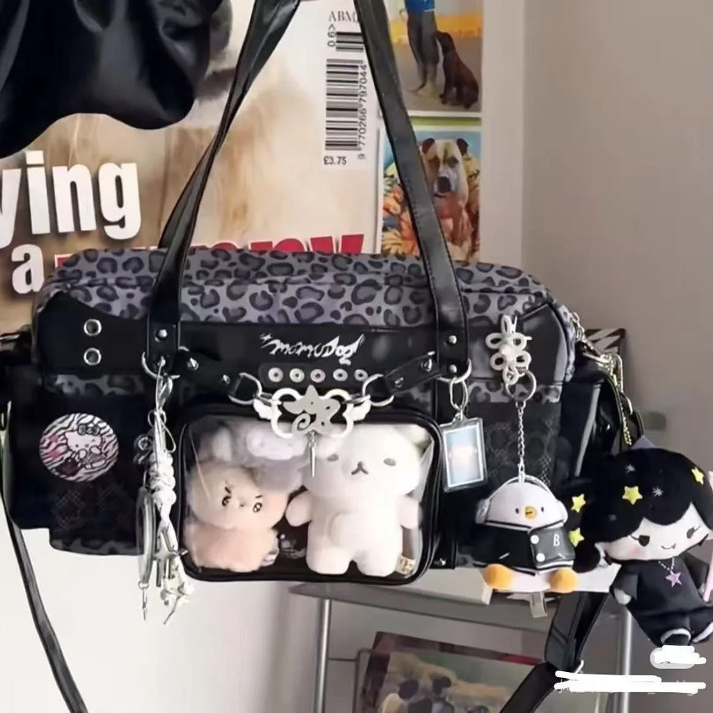 Nuevo bolso de hombro estilo Y2K con estampado de leopardo y panel transparente ; bolso cruzado de gran capacidad,