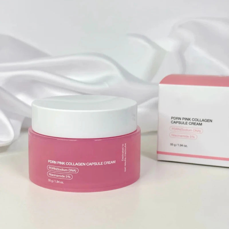 Crema coreana en cápsulas de colágeno rosa y PDRN con niacinamida para tono de piel desigual; hidratante facial ligero y no graso.