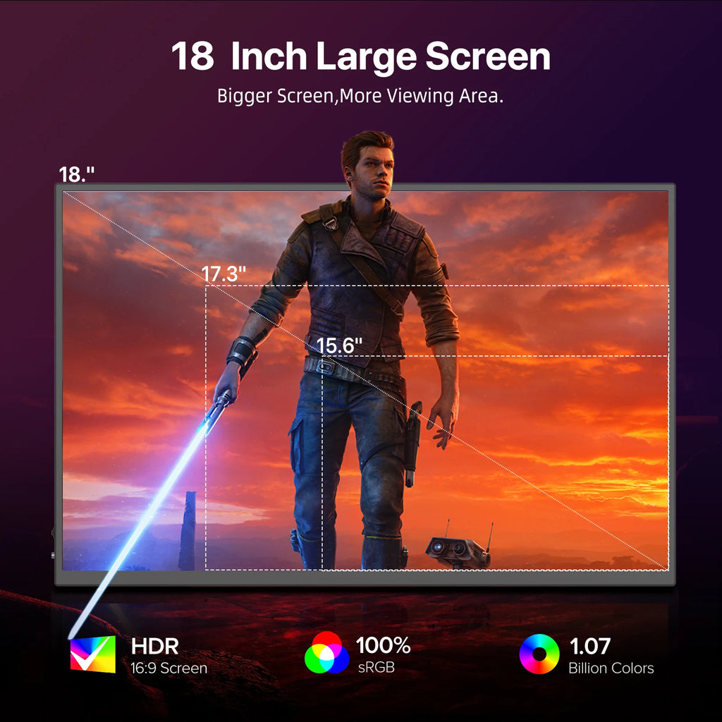 Monitor portátil UPERFECT de 18 pulgadas, 2.5K, 100% DCI-P3, 144 Hz, pantalla gaming con panel IPS LCD mate, FreeSync, HDR y compatibilidad VESA.