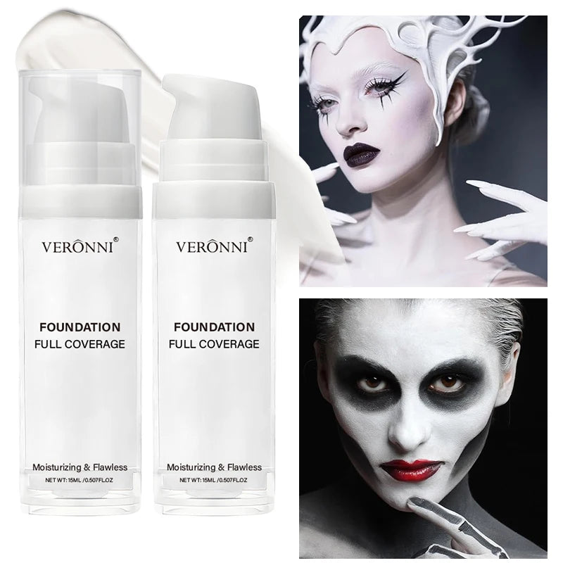 Base de maquillaje profesional blanca mate de alta cobertura; fórmula pura y luminosa ideal para cosplay y maquillaje gótico.