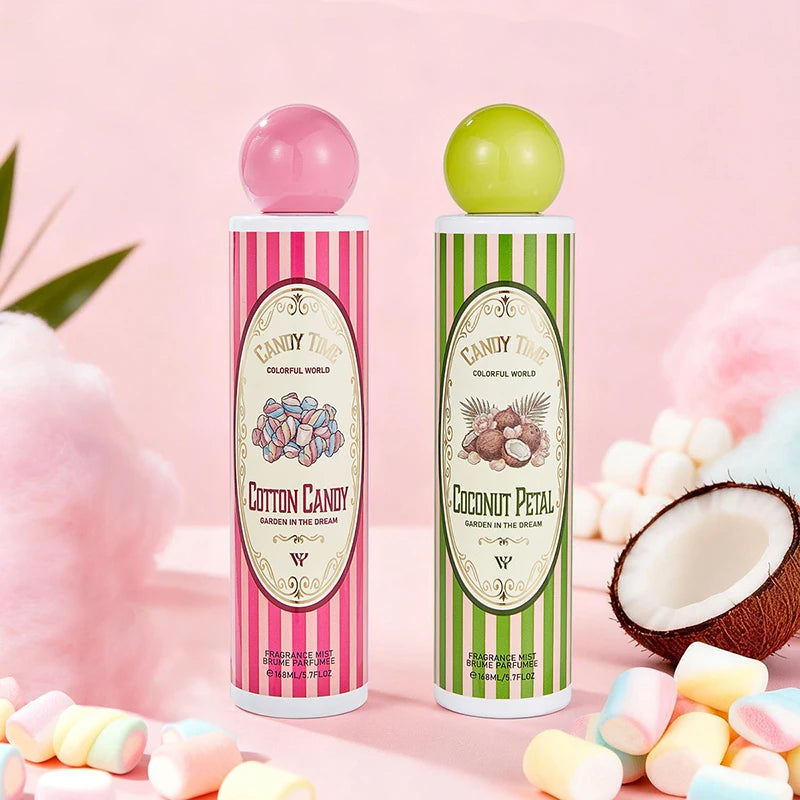 Perfume árabe Dubai Gourmand (168 ml): fragancia fresca y duradera para mujer con notas de coco, pastel de fresa, algodón de azúcar y frutas; formato en spray portátil.