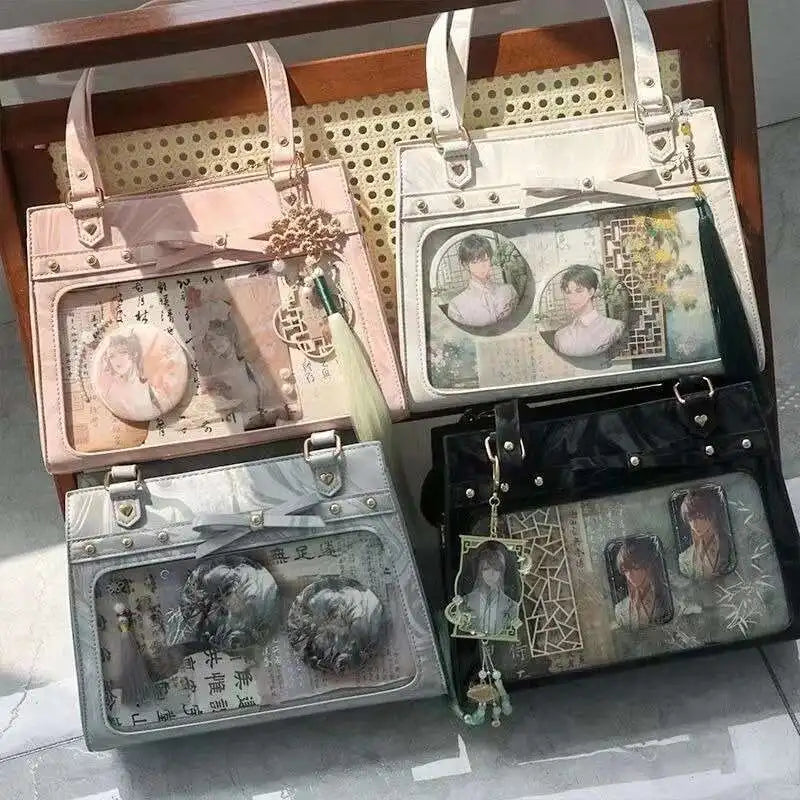 Bolso de hombro vintage estilo Y2K para mujer, tipo Ita Bag con bolsillo transparente, con lazo.