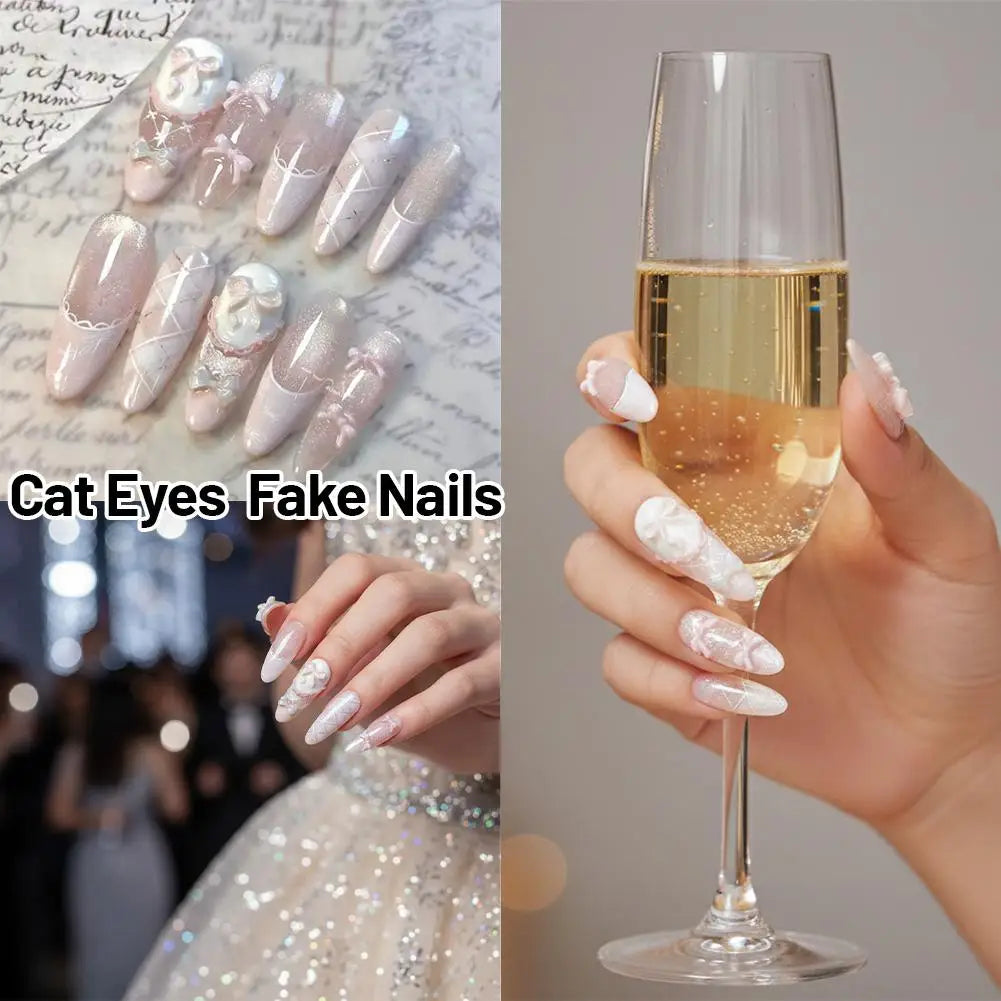 Uñas postizas reutilizables hechas a mano con diseño de mariposa y efecto «ojo de gato» rosa (estilo francés); uñas a presión listas para usar.