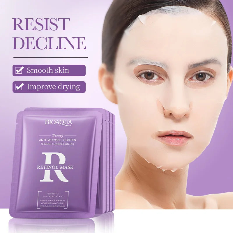 Pack de 5/10 mascarillas faciales BIOAQUA con baba de caracol, ácido hialurónico y retinol; hidratantes y reafirmantes para el cuidado de la piel del rostro.