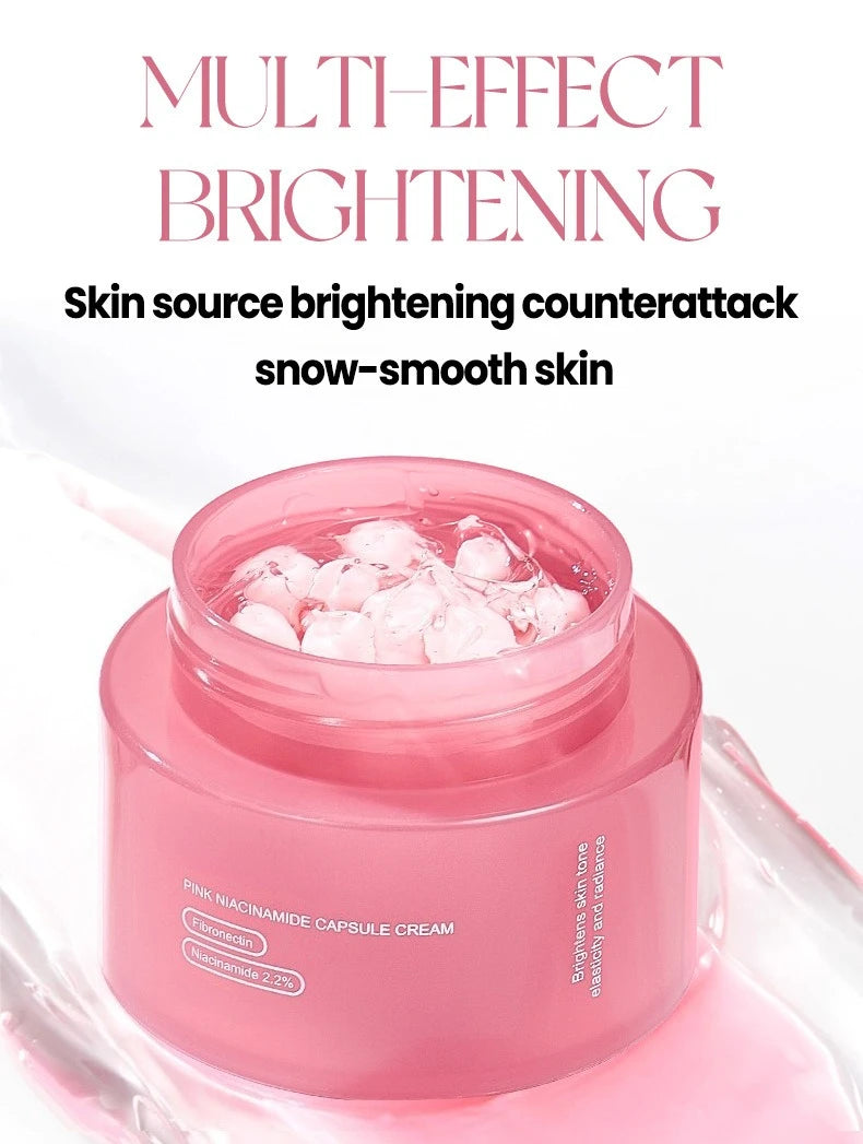 Crema coreana en cápsulas de colágeno rosa y PDRN con niacinamida para tono de piel desigual; hidratante facial ligero y no graso.