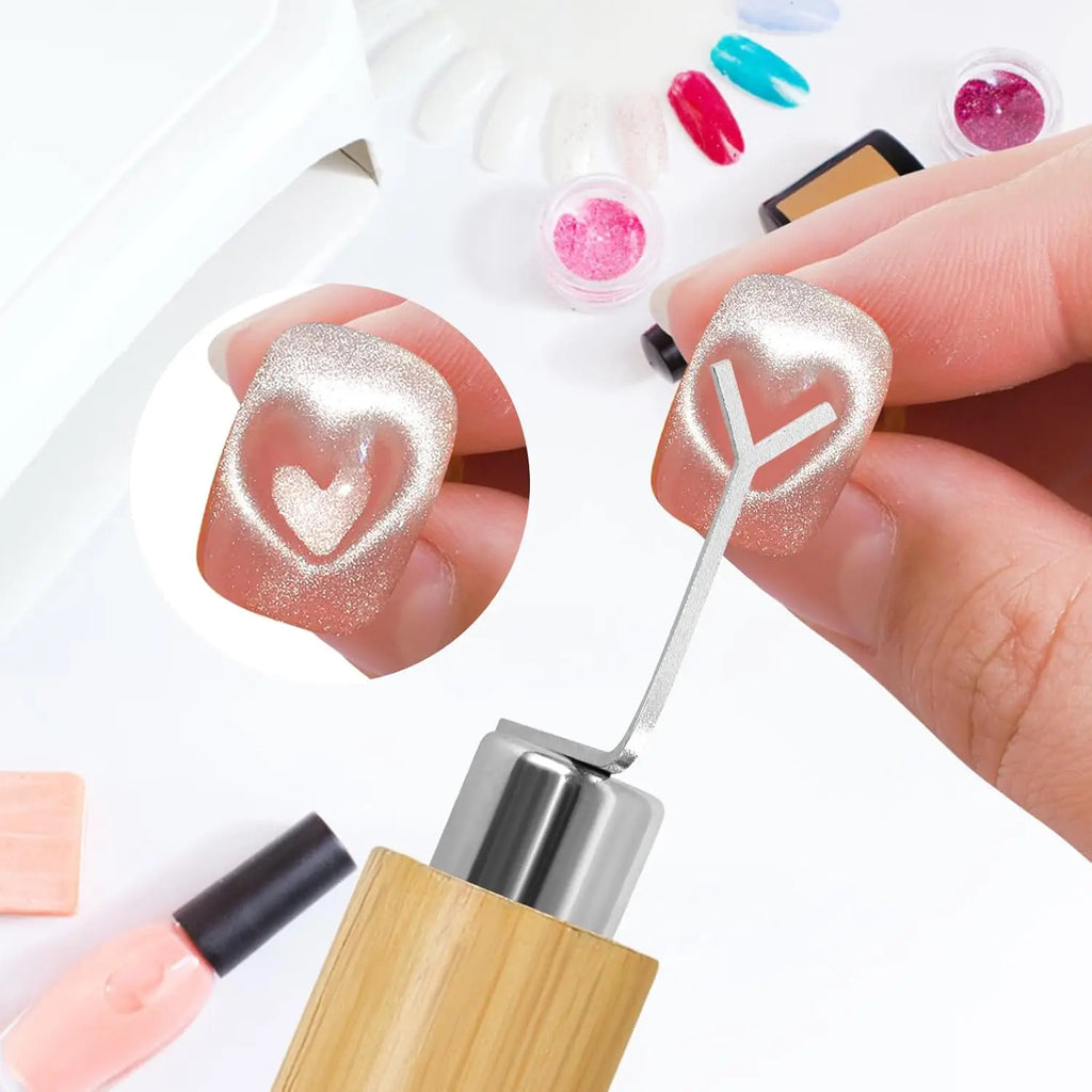 Juego de 2 o 3 imanes para uñas con efecto ojo de gato y forma de corazón (incluye varita magnética en forma de Y y cilíndrica) para crear diseños de manicura estilo francés y corazones con efecto ojo de gato.