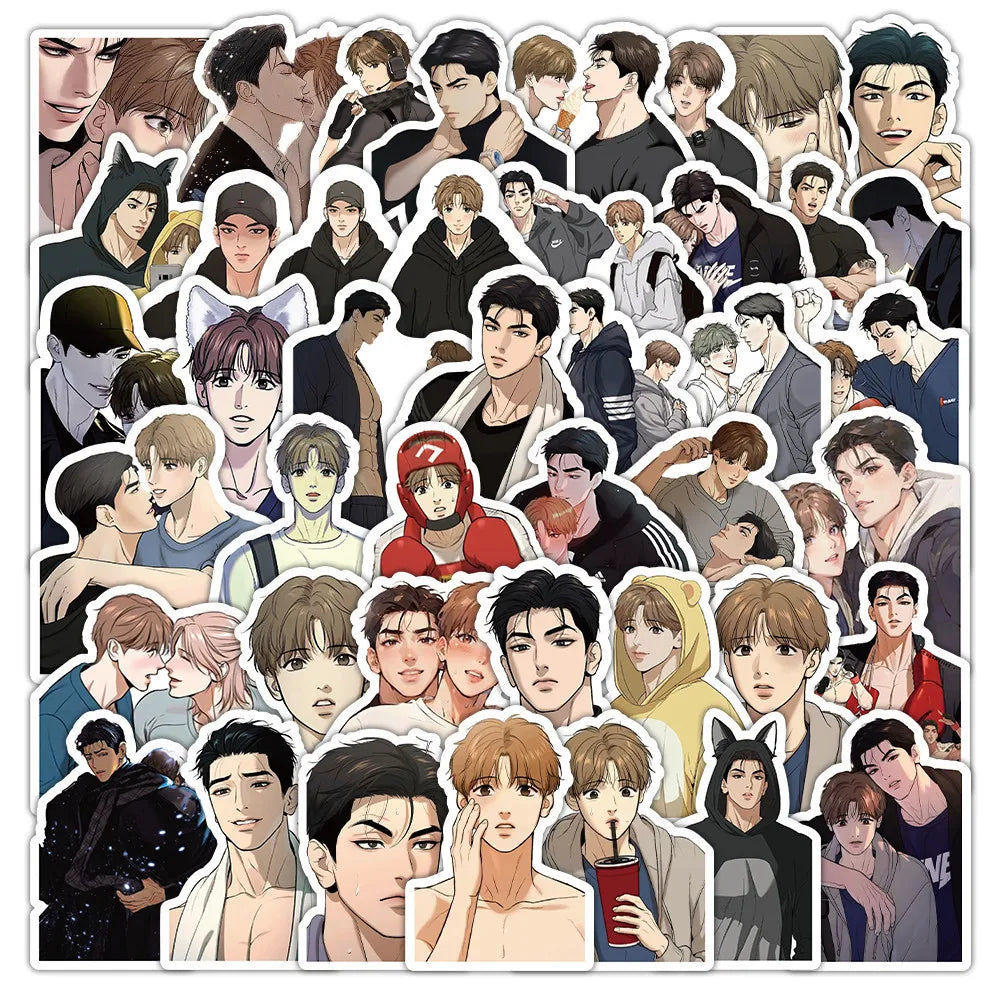 Pack de 53 pegatinas de anime (temática BL/Boys' Love) resistentes al agua; ideales para cascos, bicicletas, diarios, estuches y más.