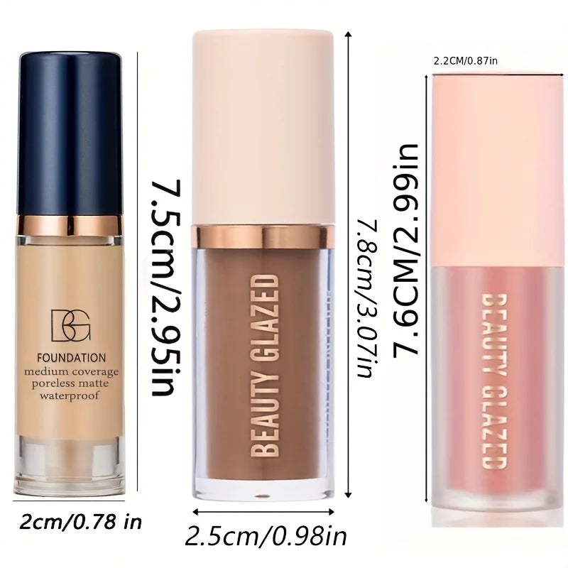 Set de maquillaje facial de 3 piezas (larga duración y resistente al agua): colorete, contorno y base; textura fina, cubre imperfecciones y realza los contornos.