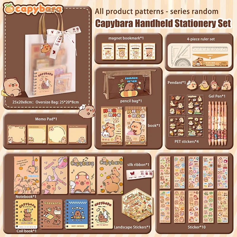 Nuevo set de papelería Kawaii de carpincho: incluye un bolso adorable con diseño de dibujos animados y artículos de papelería; ideal para oficina, estudiantes o como regalo de cumpleaños.