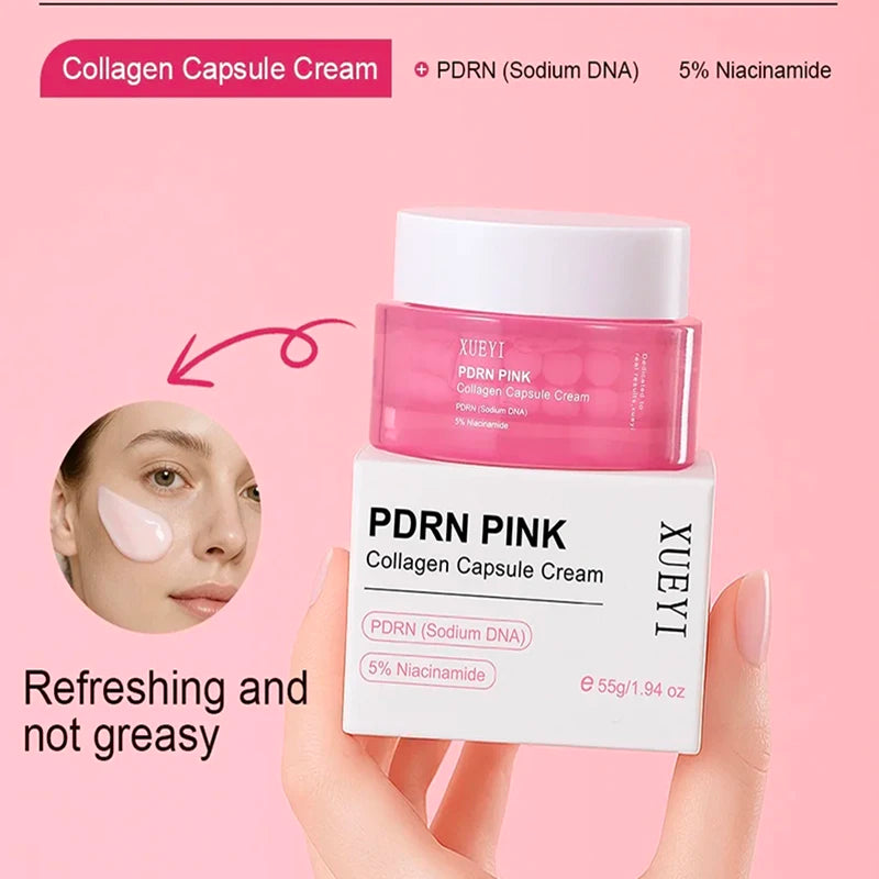 Crema coreana en cápsulas de colágeno rosa y PDRN con niacinamida para tono de piel desigual; hidratante facial ligero y no graso.