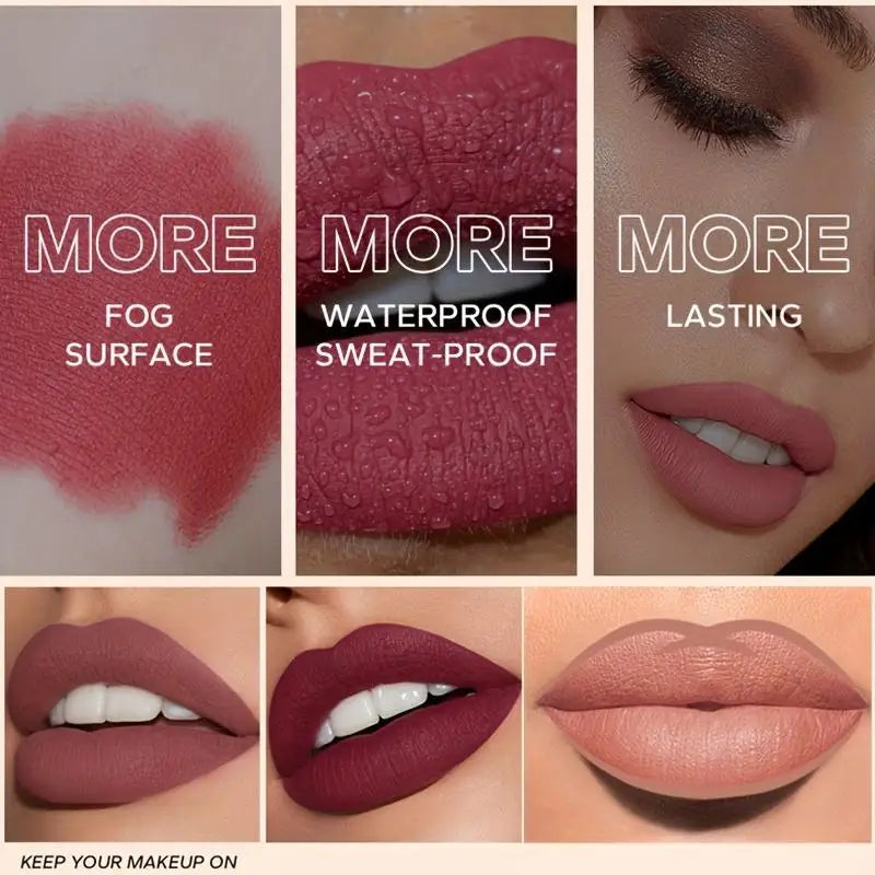 Set de maquillaje de 3 piezas: delineador de labios mate + brillo labial + aceite labial hidratante, de larga duración y fácil aplicación, resistente al agua y al sudor.