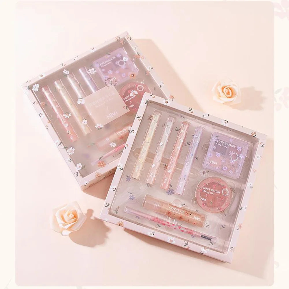 Set de belleza de 8 piezas con labial, corrector, sombra de ojos, producto para cejas y rubor.