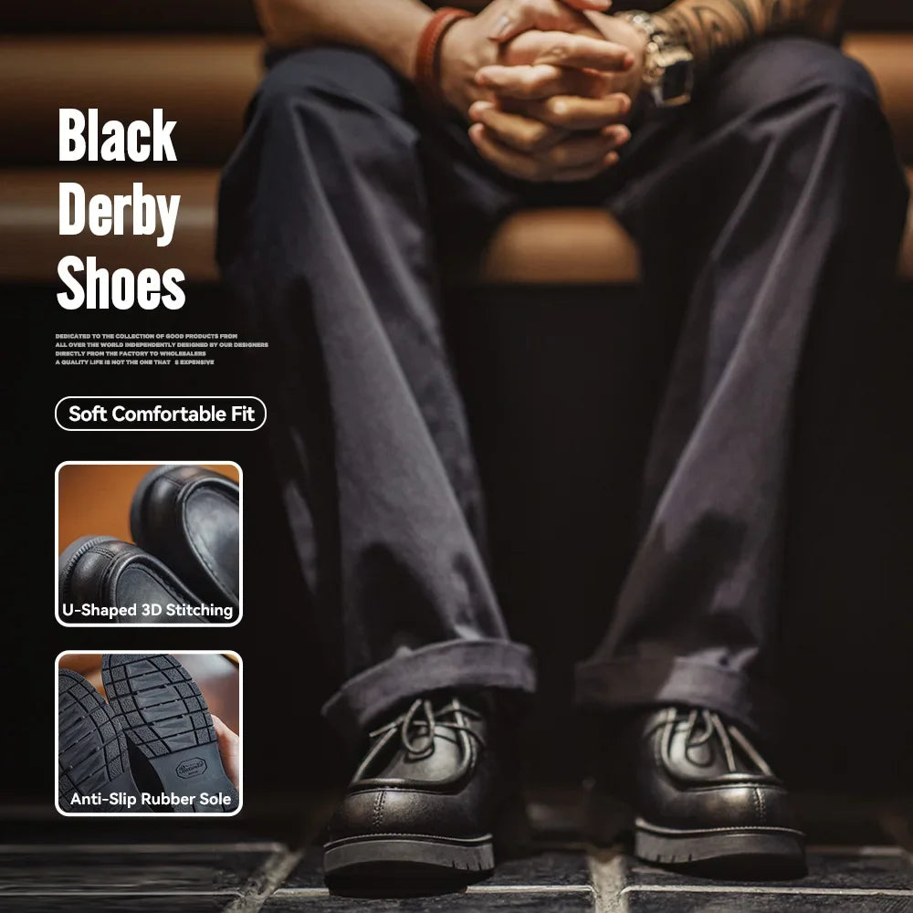 Zapatos Derby negros de estilo vintage para hombre de la marca Maden; modelo de piel con cordones, puntera redonda y diseño británico, ideales para la oficina o entornos profesionales.