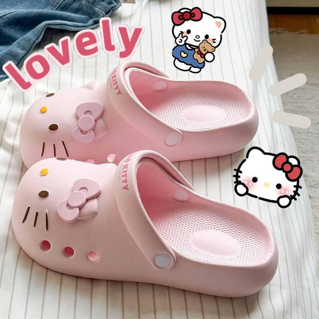 Zapatillas de plataforma antideslizantes y transpirables Hello Kitty para mujer: diseño ligero, cerrado y calado; calzado multifuncional para playa y casa.