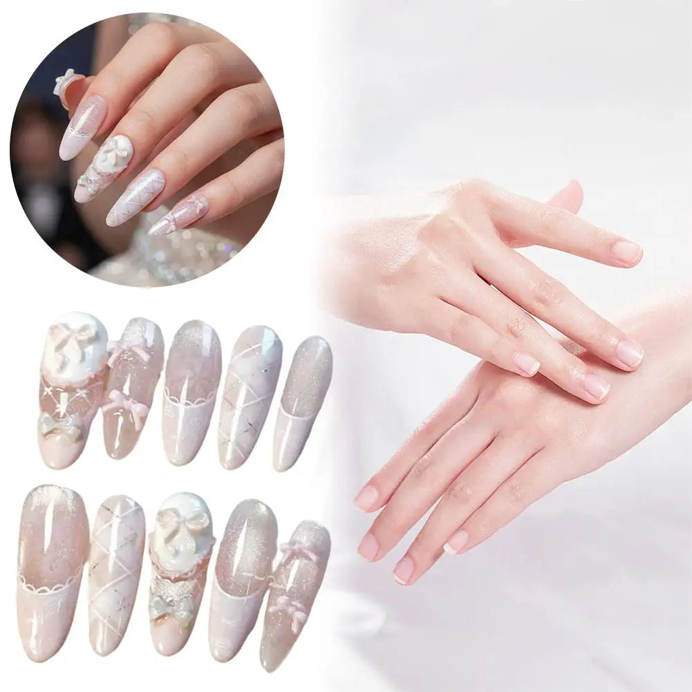 Uñas postizas reutilizables hechas a mano con diseño de mariposa y efecto «ojo de gato» rosa (estilo francés); uñas a presión listas para usar.