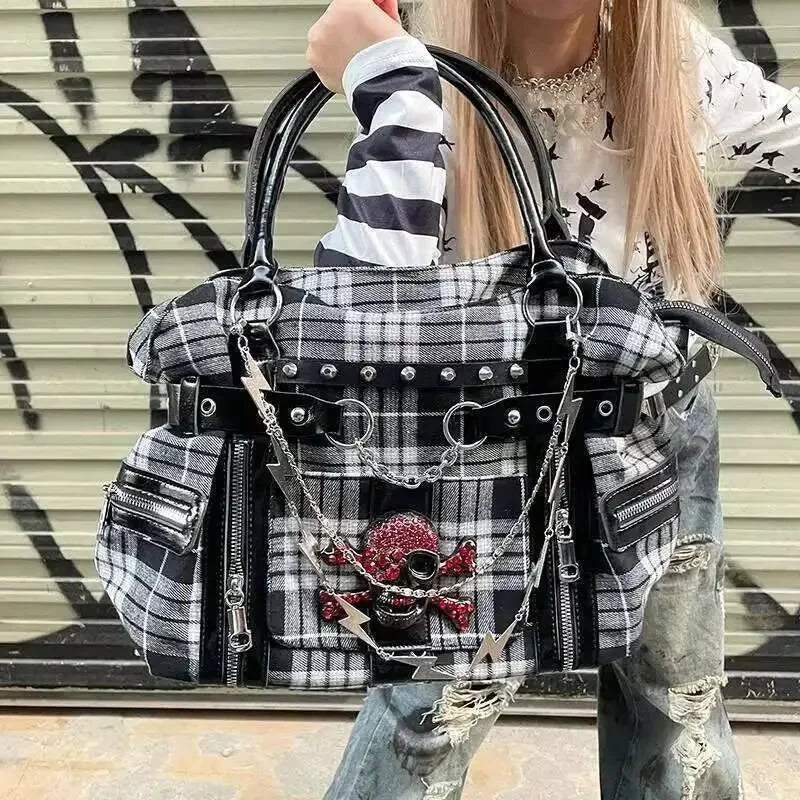 Bolso de hombro rosa a cuadros estilo Y2K; bolso de mano de gran capacidad estilo Harajuku; maletín de lona moderno y original tipo tote punk.