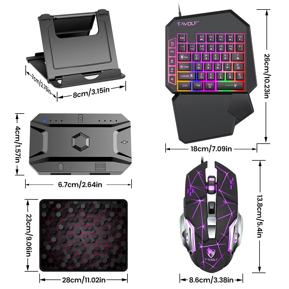Combo 5 en 1 de teclado y ratón gaming RGB con convertidor para mando de una mano; conexión por cable y baja latencia para PUBG Mobile (Android, iOS y PC).