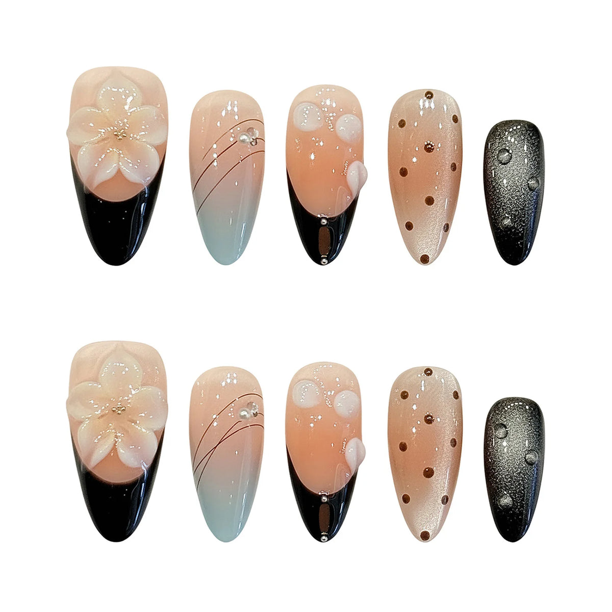 10 uñas postizas hechas a mano con decoración de pétalos tallados en 3D, estilo almendra, de fácil aplicación a presión; herramienta de manicura para mujer, uñas postizas reutilizables.