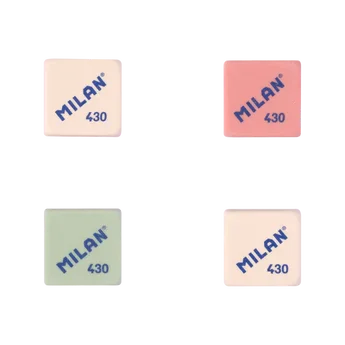 Gomas de borrar Milan 430 cuadradas, colores surtidos en caja de 30 unidades; goma blanda para un borrado limpio, ideal para lápices de grafito sobre todo tipo de papel.