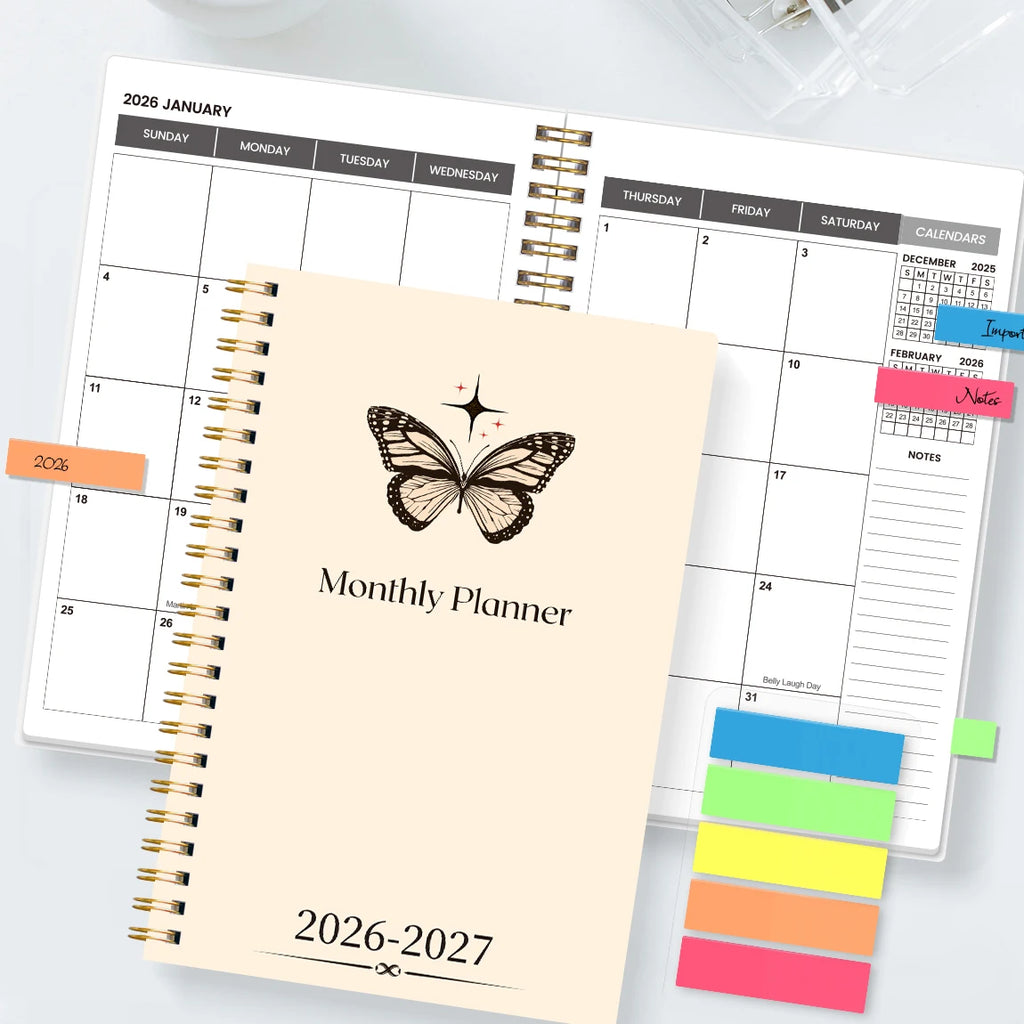 Agenda semanal y mensual A5 2026-2027 – Organizador de espiral de enero de 2026 a diciembre de 2027 con calendario y notas; material escolar y de oficina