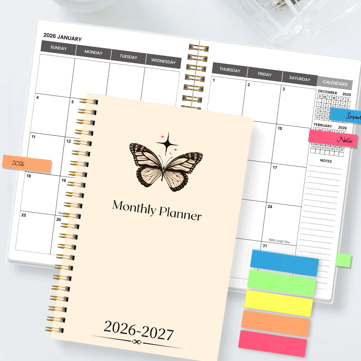 Agenda semanal y mensual A5 2026-2027 – Organizador de espiral de enero de 2026 a diciembre de 2027 con calendario y notas; material escolar y de oficina