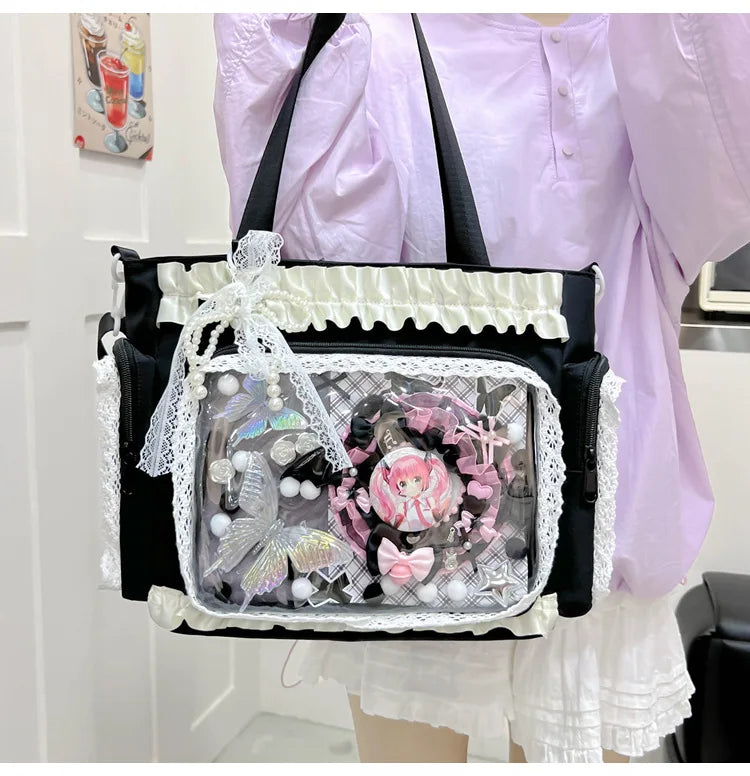 Bolso estilo japonés Y2K tipo "Ita Bag" Lolita: bolso de hombro transparente de gran capacidad, convertible en bandolera casual.