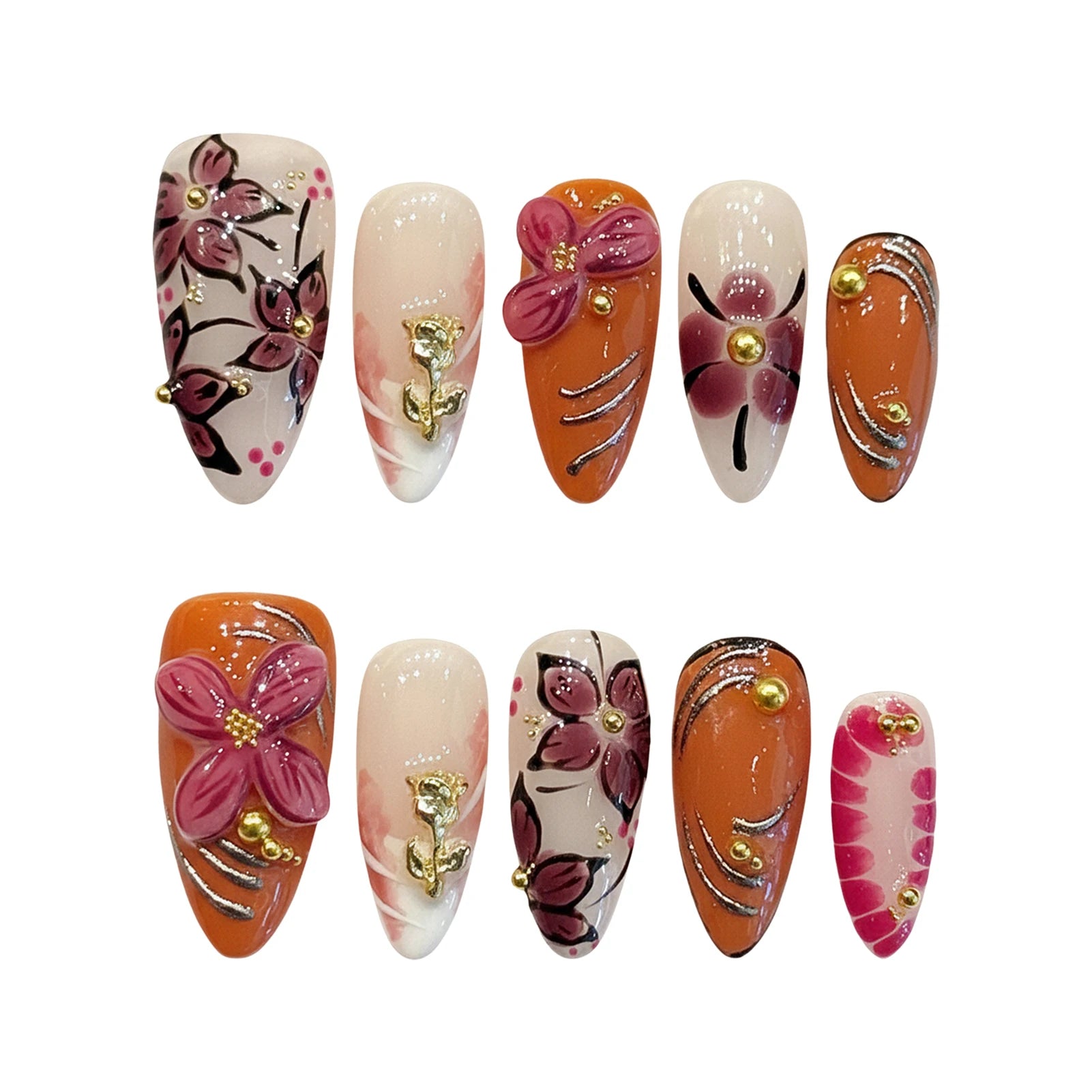 10 uñas postizas hechas a mano con decoración de pétalos tallados en 3D, estilo almendra, de fácil aplicación a presión; herramienta de manicura para mujer, uñas postizas reutilizables.