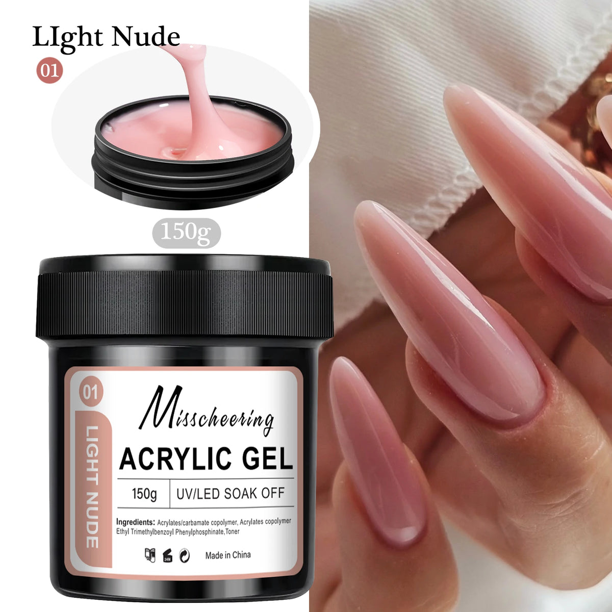 Set de 2 o 3 tarros de gel de poliacrílico (Poly Gel) para uñas: gel constructor de secado UV/LED en tonos nude claro, rosa y transparente; geles sólidos para extensiones de uñas, ideales para uso doméstico o en salón.