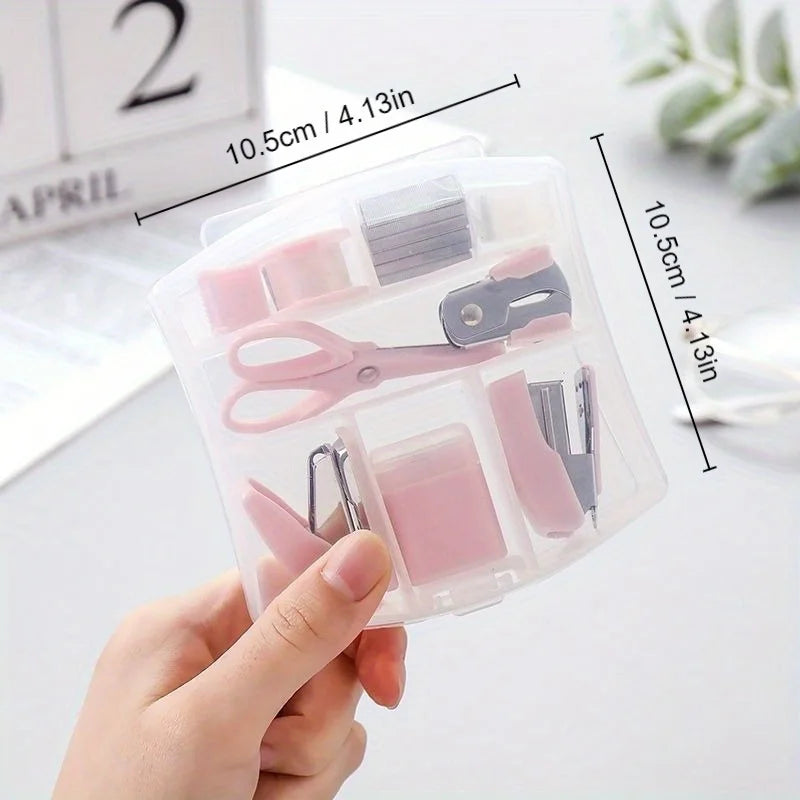 Set de 8 mini artículos de oficina con estuche portátil: incluye tijeras, cinta adhesiva, caja, estuche para lápices, perforadora y grapas.