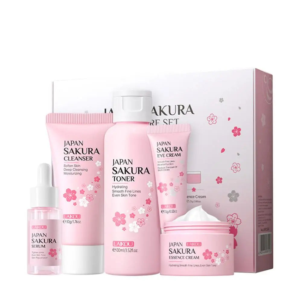 Set de 3 o 5 piezas para el cuidado de la piel con extracto de Sakura: incluye crema facial, sérum, tónico, limpiador facial, protector solar y crema para el contorno de ojos; presentado en caja de regalo.