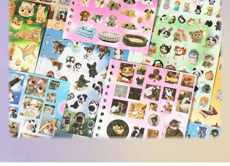 Libro de pegatinas con temática de mascotas adorables (30 hojas/bolsa) con encuadernación de anillas; ideal para scrapbooking, manualidades, collages y decoración de fondos.