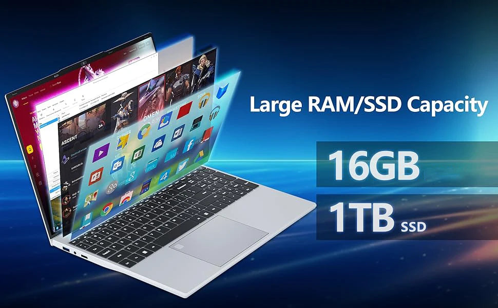 Portátil Xiaman de 15,6 pulgadas con procesador Intel Core i3, desbloqueo por huella dactilar, Windows 11 Pro, 16 GB de RAM, SSD de 512 GB o 1 TB y pantalla Full HD (1080p).