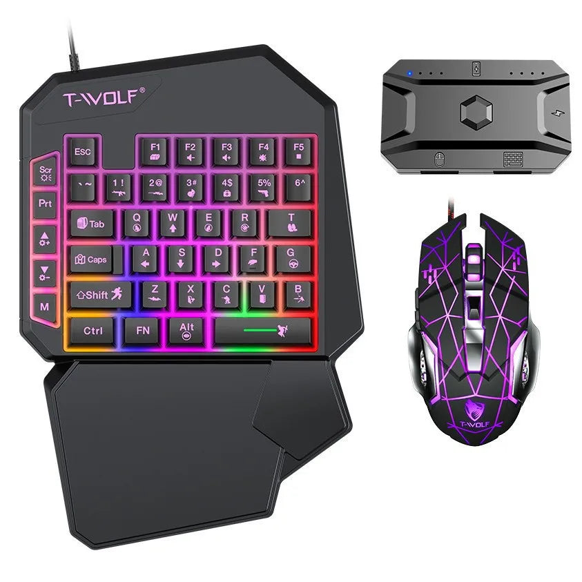 Combo 5 en 1 de teclado y ratón gaming RGB con convertidor para mando de una mano; conexión por cable y baja latencia para PUBG Mobile (Android, iOS y PC).