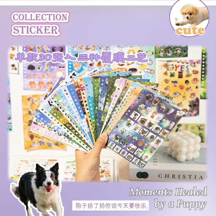 Libro de pegatinas con temática de mascotas adorables (30 hojas/bolsa) con encuadernación de anillas; ideal para scrapbooking, manualidades, collages y decoración de fondos.