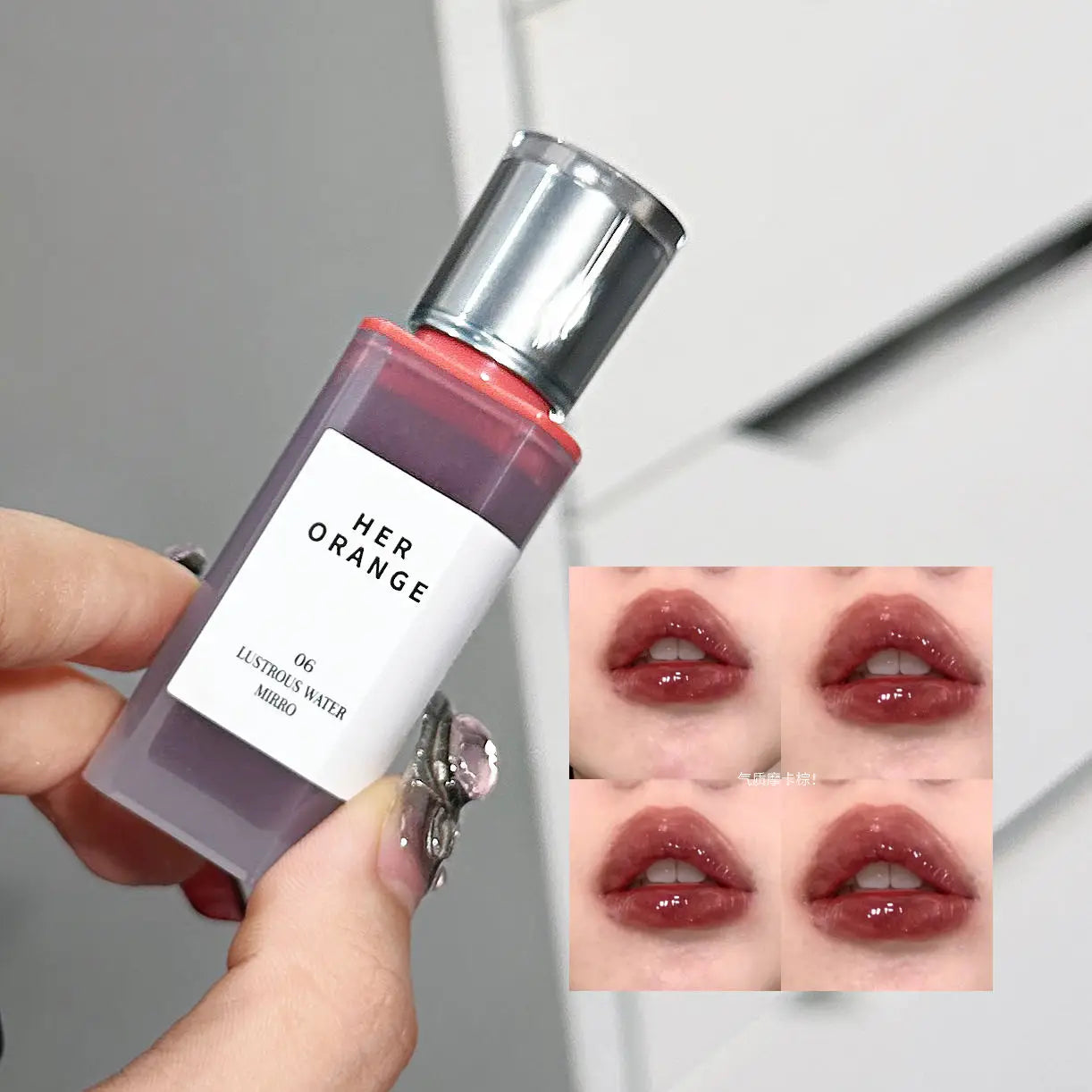 Tinta labial hidratante Herorange con acabado gloss y textura acuosa; efecto labios voluminosos y brillantes (tipo cristal). Fórmula de larga duración que no reseca