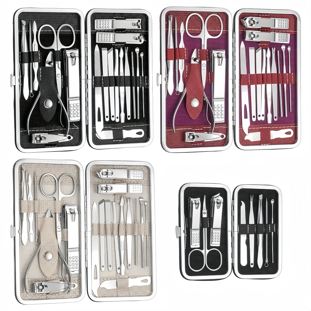 Juego de 19 piezas de acero inoxidable: cortaúñas, cortaúñas diagonales, herramientas para pedicura, limpiadores de oídos, cucharillas y kit de decoración de uñas.