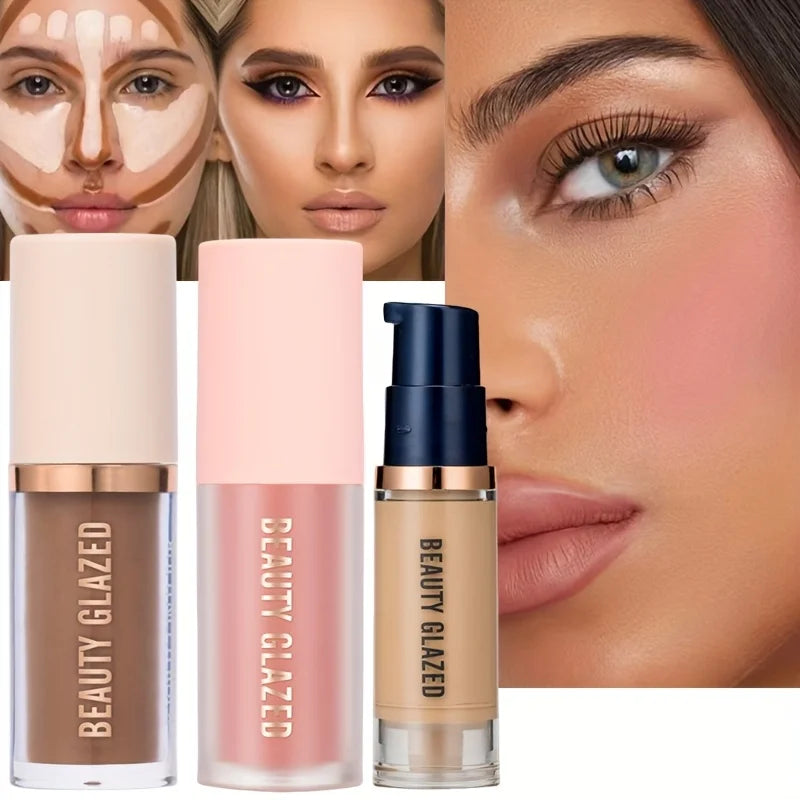Set de maquillaje facial de 3 piezas (larga duración y resistente al agua): colorete, contorno y base; textura fina, cubre imperfecciones y realza los contornos.
