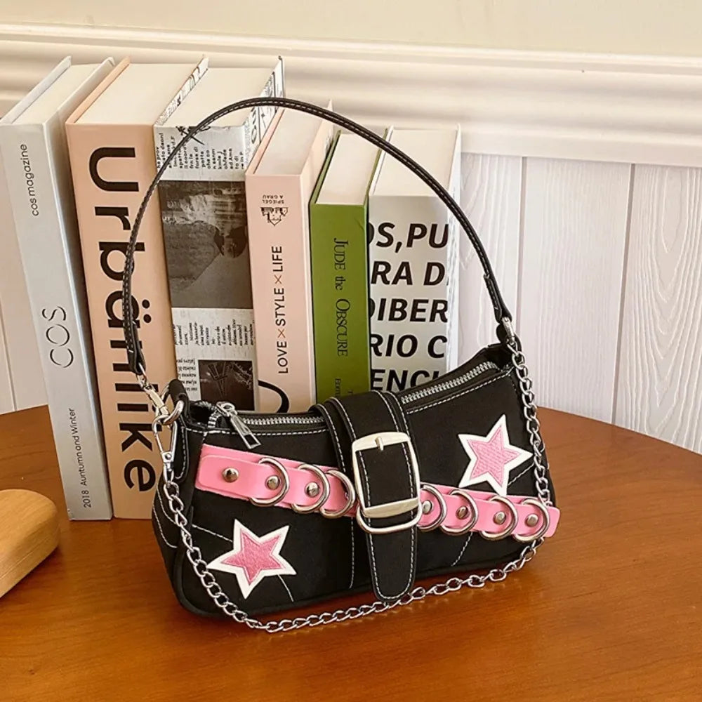 Bolso de hombro estilo Y2K : diseño de mezclilla con estampado de estrellas, estilo juvenil y moderno, de lona y tamaño pequeño, con cadena.
