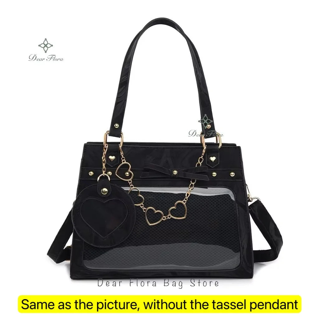 Bolso de hombro vintage estilo Y2K para mujer, tipo Ita Bag con bolsillo transparente, con lazo.